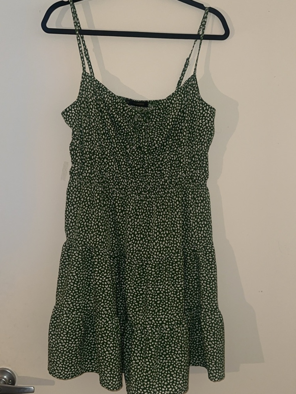 Green Spotted Tiered Mini Dress with Spaghetti Straps